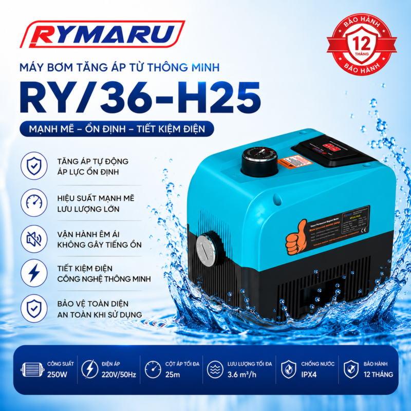 Máy Bơm Tăng Áp Từ Thông Minh Rymaru RY36-H25