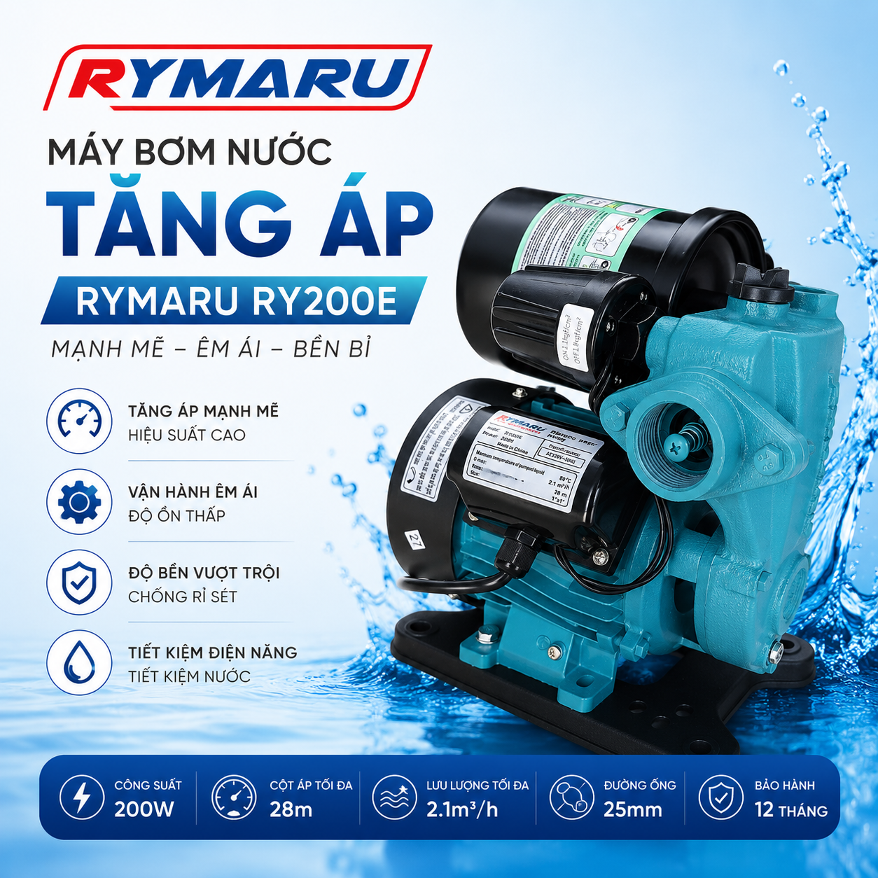 Máy bơm nước tăng áp Rymaru RY200E