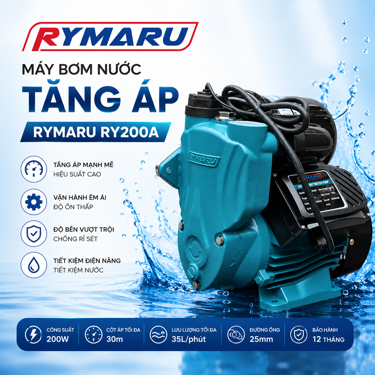 Máy bơm nước tăng áp Rymaru RY200A - Hàng chính hãng